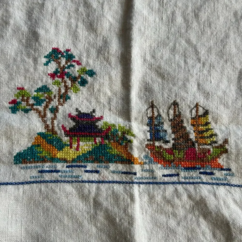 Vintage square handmade cross-stitch linen textile Asian pagoda scene